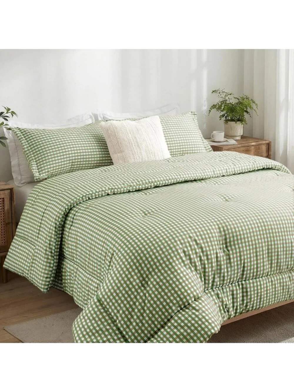 Cozy Twin XL Comforter Set, Fluffy Green Gingham Plaid Bedding, 3-Piece Set